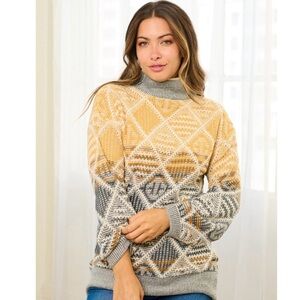 HEM & THREAD Aztec Mock Turtleneck Geometric Textured Patterned Sweater Pullover